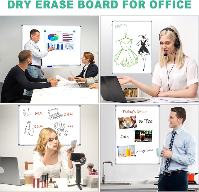 4' x 3' Whiteboard Dry Erase White Board for Wall 48x36 (2pcs) Magnetic Boards for Office Classroom & Home, Small Wall Whiteboard Including 6 Markers, 20 Magnets, 2 Erasers