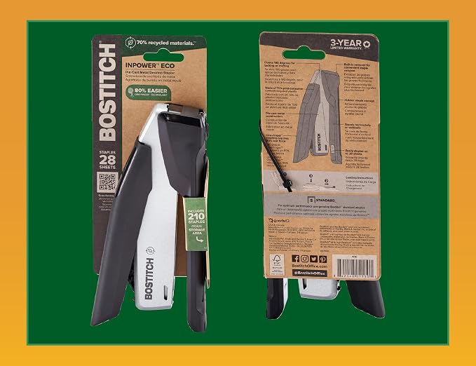 Bostitch Office InPower Desktop Eco-Friendly Stapler, One-Finger Technology, Jam-Free, Includes 210 Staples, Gray (1100)