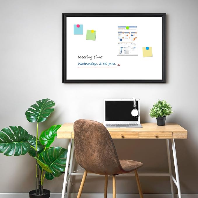White Board for Wall, 36'' x 24'' Magnetic Dry Erase Board, Black | Wooden Frame, Decorative Whiteboard, Wall Mounted, for Home, Office, Kitchen, Dorm, 4 Markers, 6 Magnets, A Eraser