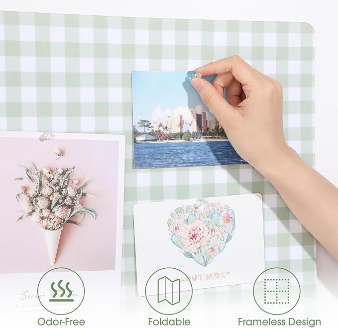 Felt Bulletin Board, 24" x 15.7" Decorative Felt Pin Board, Foldable Photo Display with Pushpins, Wall Vision Cork Boards Alternative for Home Bedroom Office Dorm(Sage Green Plaid)