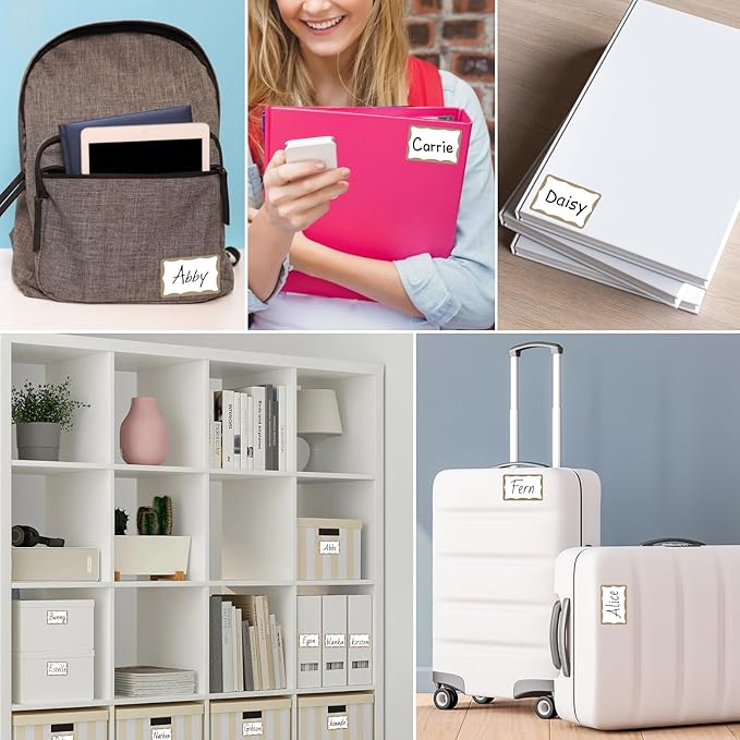 390Pcs Name Tags, 3in x 2in Name Tag Stickers, Name Tags Sticker for School Office Home(White with Brown Border)