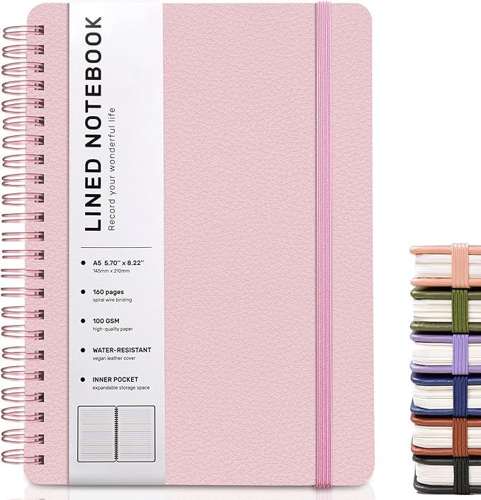 Lined Spiral Notebook for Women, A5 College Ruled Leather Spiral Journals | 160 Pages Small Journaling Notebooks, 5.7"x11" Note Book for Writing, Work, School, Men, Hardcover Leather Journals, Pink