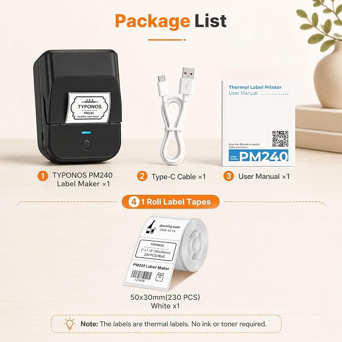 PM240 Label Maker Machine with Tape, Label Printer Black, Set 1 | 2'' Bluetooth Thermal Sticker Label Maker for Small Business, School Supplies, Classroom, Home Office with Multiple Templates
