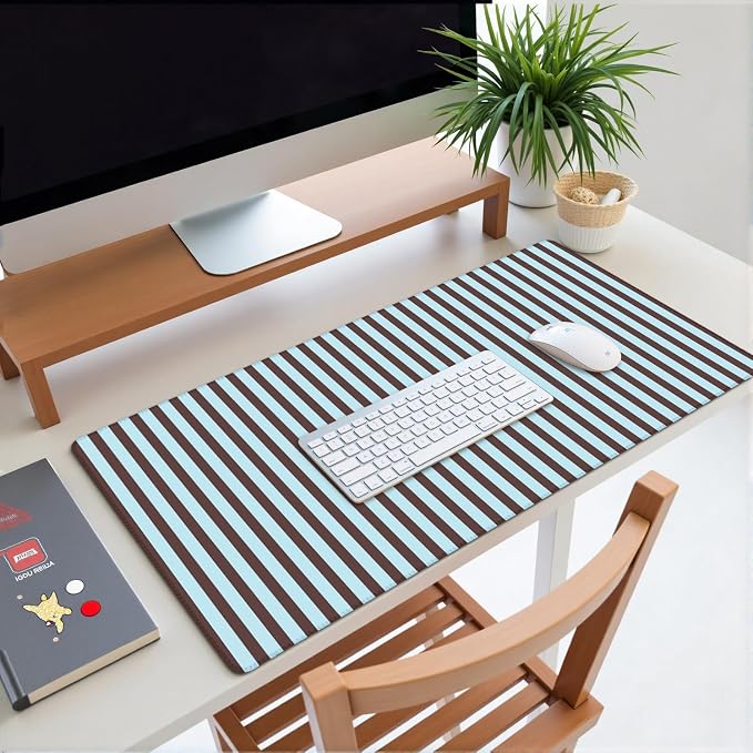 Dark Brown Blue Striped Desk Mat Cute Pastel XXL Large Gaming Mouse Pad Desk Pad Kawaii Cozy Aesthetic Keyboard Laptop Computer Mat Home Office Decor