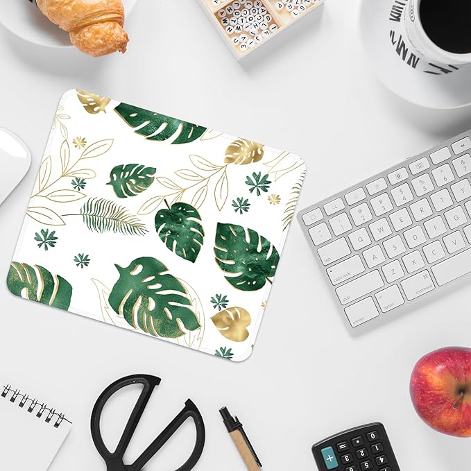 Mouse Pad with Stitched Edges - Tropical Leaf Mousepad for Women, 9.25 x 7.75 inch Washable Square Desk Pad, Non-Slip Rubber Base, Office Home Laptop Accessories - Golden Monstera