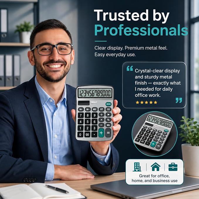 TRULY 12-Digit Desktop Calculator with Large Display, Big Buttons, Dual Power (Solar + Battery), Metal Finish, Ideal for Office, Home, School – 837A Pro Metal 2 Pack Black/Silver