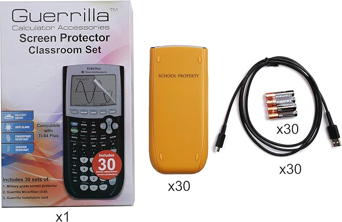 TI-84 Plus Graphing Calculator Teacher Set Pack (30 Calculators) + Guerrilla Teacher Set of Screen Protectors + 120 Batteries