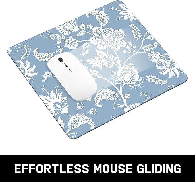 Mouse Pad, Minimalism Marble Style Computer Pad, Anti-Slip Rubber Mouse Mat with Stitched Edges for Gaming, Office, Laptop, PC, Women, 9" x 8" Thick 3 mm, Blue Flower