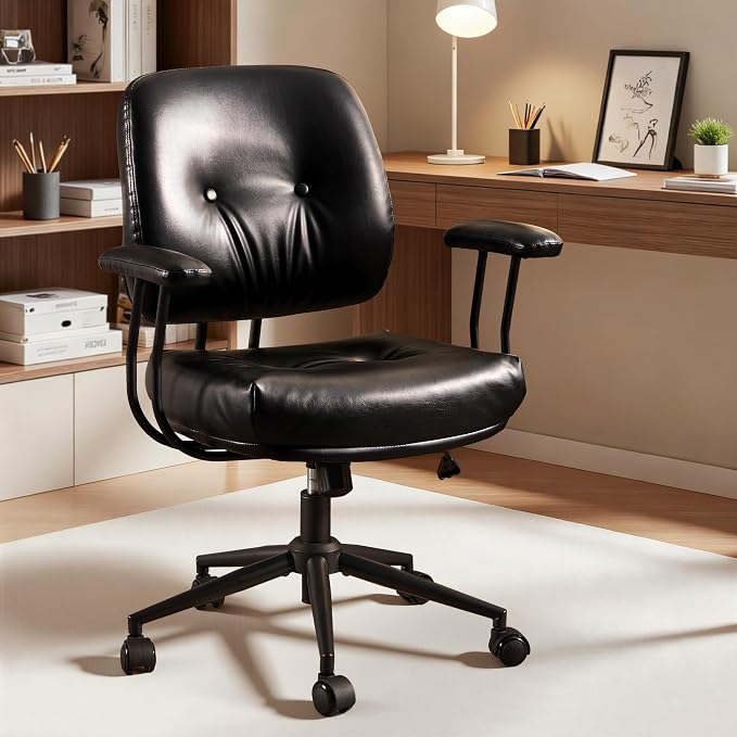 ovios Home Office Chair with Thick Cushion, Mid-Century Modern Faux Leather Ergonomic Chairs, Mid Back Swivel Rolling Computer Executive Armchair (Black, PU Leather)