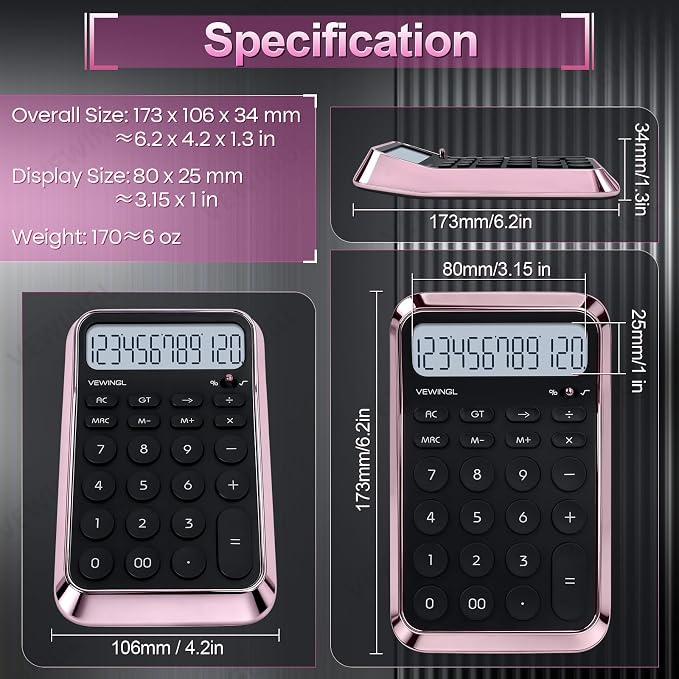 VEWINGL Desktop Calculator, 12 Digit HD Display with% Key | Metallic Vacuum-Plated Surface, Great for Office, School, or Home (Pink Chrome, Non-Voice)