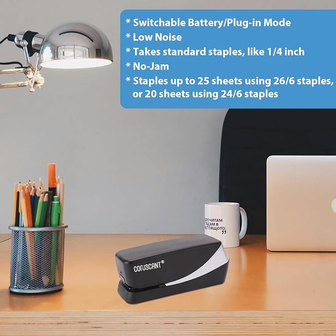 Coruscant Electric Stapler, Automatic Stapler, Heavy Duty,25 Sheet, Store 210 Staples,Including 2000 Staples,and 1 Staple Remover, Electric Desktop AC or Battery Powered for Home/Office Use