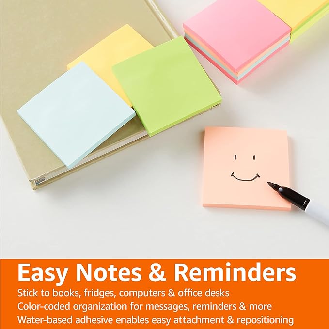 Amazon Basics Square Sticky Notes for Home, Office, School Supplies, Clean Removal, 3x3 Inches, Assorted Bright Colors, Self-Stick Pads, 70 Sheets/Pad, 12-Pack