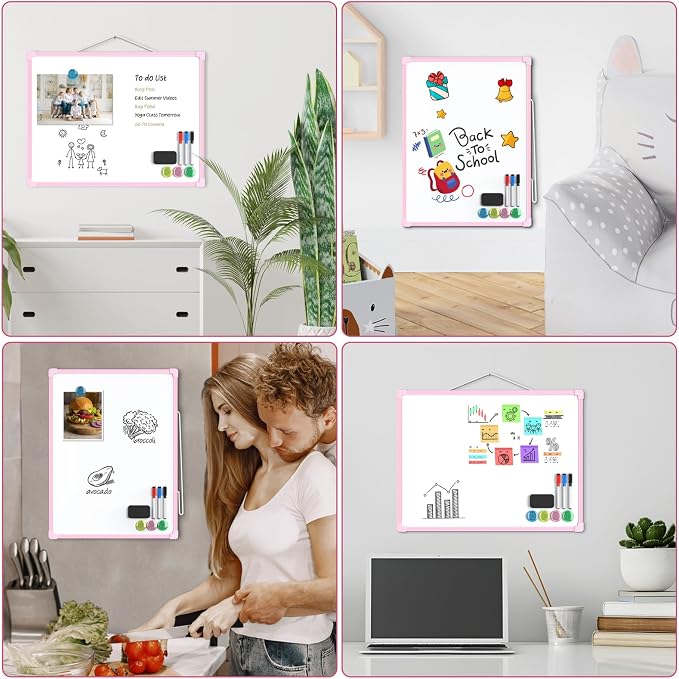 MaxGear Double-Sided Dry Erase Board for Wall, 16"x12", Pink Frame | Small White Board, Includes 3 Markers & 4 Magnets, Portable hanging Whiteboard for Home, Office, Double Sided Tapes Included