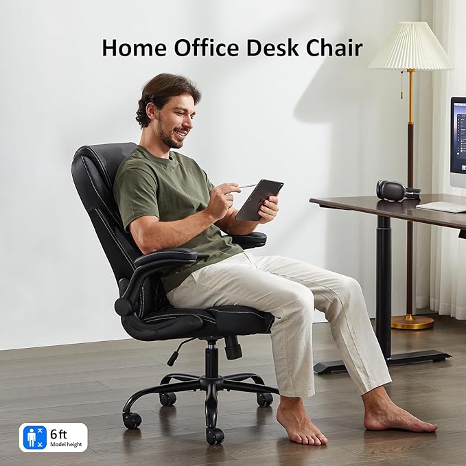 Office Chair, Executive PU Leather Chair Home Office Desk Chairs, Ergonomic Computer Desk Chair with Adjustable Flip-Up Arms, Lumbar Support Swivel Task Chair with Rocking Function (Black)
