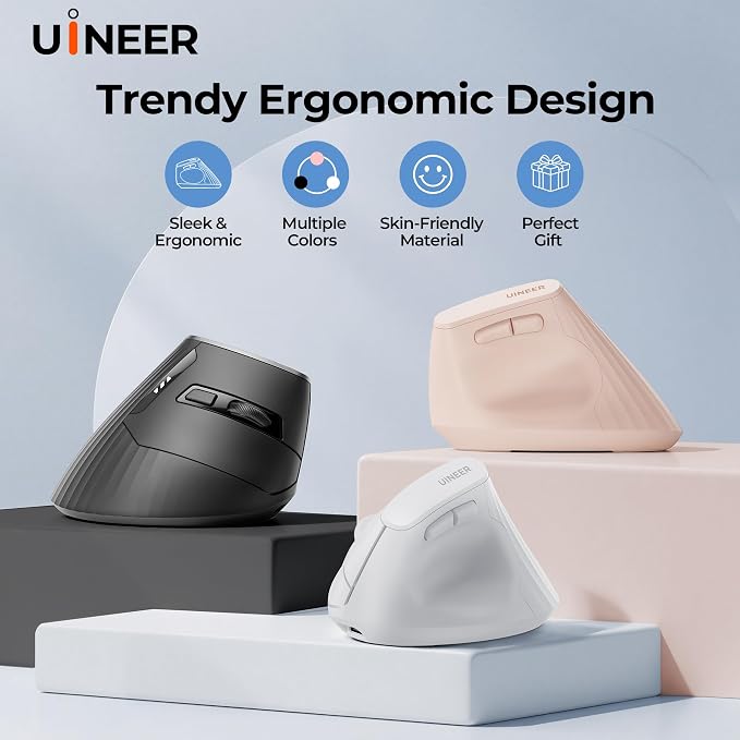 Uineer Vertical Ergonomic Mouse, Wireless Bluetooth Mouse, 3-Device,Quiet | Switch among 3 devices; side scroll wheel supports horizontal navigation for documents and spreadsheets.