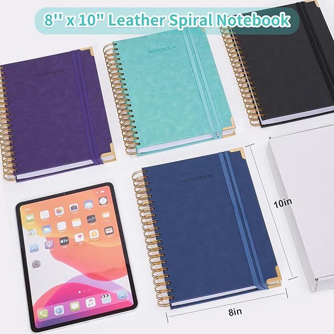 Spiral Notebook, 365 Page Hardcover Leather Notebook Journal, Large B5 Lined Journal for Women Men, College Ruled Notebooks for Work School, Journals for Writing, 24pcs Index Tabs, 8" x 10", Black