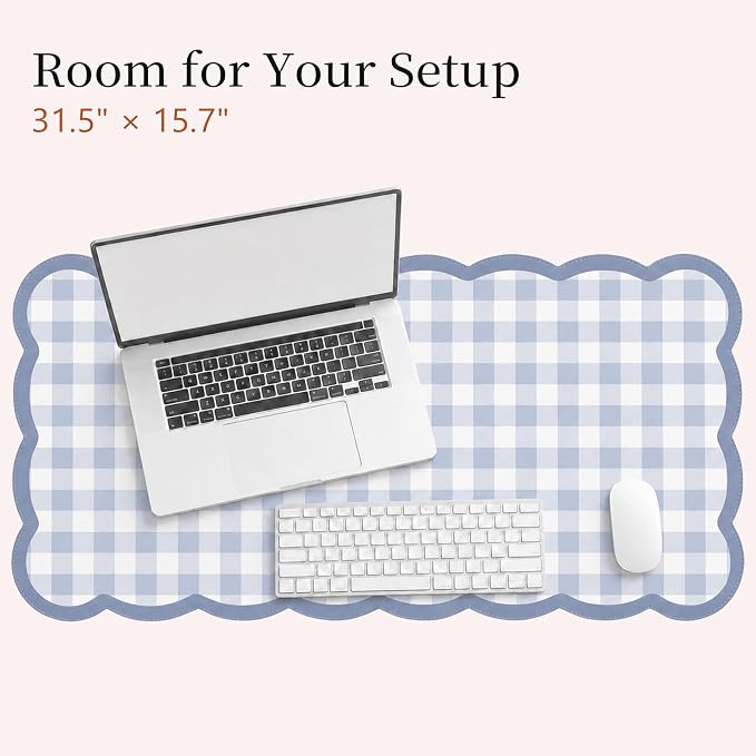 Ohocut Scalloped Gingham Checkered Desk Pad,Blue:31.5" x 15.7" | Large, Premium Faux Leather, Anti-slip Bottom, Water Repellent, Easy to Clean, Aesthetic Trendy Design