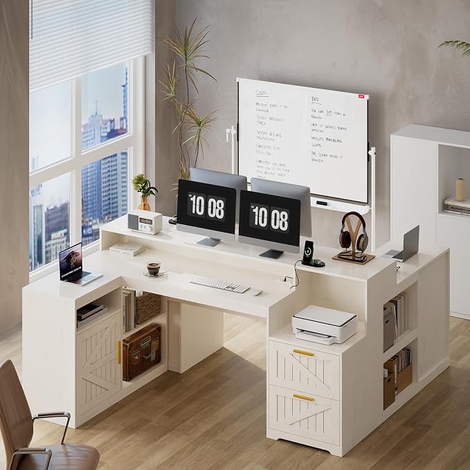 63" Farmhouse L Shaped Desk with Drawers and Printer Stand for Home Office | Computer Desk with Power Outlet, Home Office Desk with Storage Shelves and Monitor Stand, White
