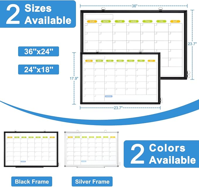 Dry Erase Calendar Whiteboard for Wall, 24" x 18" Month White Board Black | Double-Sided Magnetic, Black Aluminum Frame, Hang Wall Mount, Portable Board for Home, Office, School