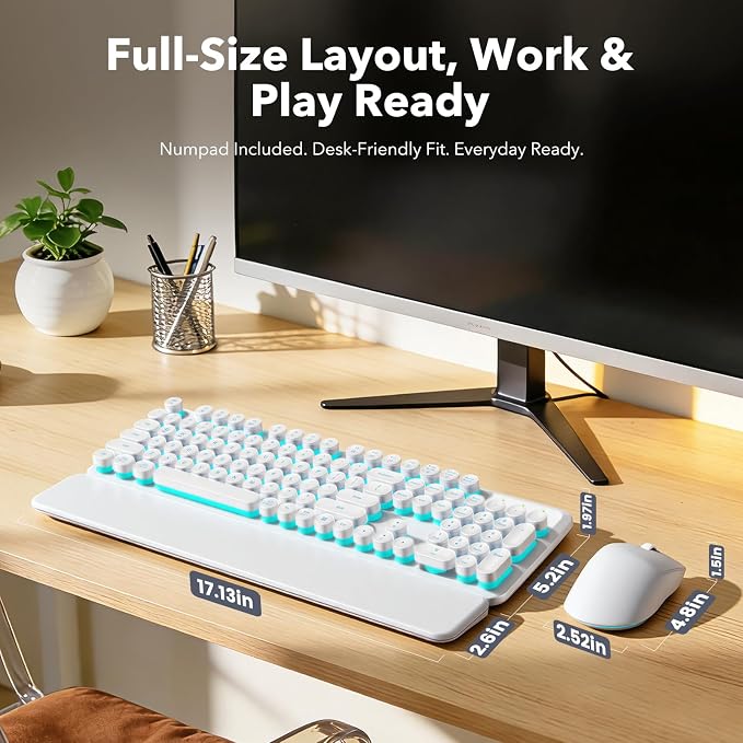 Wireless Keyboard and Mouse Combo, Backlit Round Keycaps, Retro Typewriter Keyboard with Detachable Wrist Rest, Rechargeable & Tilt Legs, 2.4GHz Cordless Connection for Windows/PC (Glowing White)