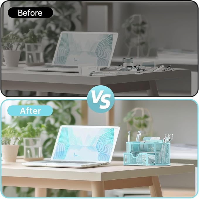 Mesh Desk Organizer with Drawer, 9-Compartment Pen Holder for Desk, Blue | Pull-Out Drawer Stores Pens, Pencils, Clips, Notes, and Small Office or School Supplies in One Compact Desk Caddy