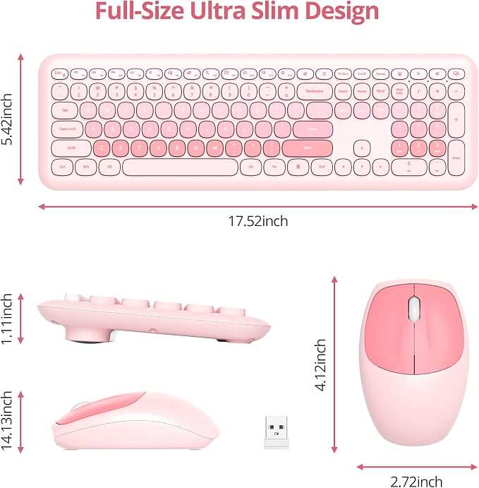 Surmen Cute Pink Keyboard and Mouse Wireless Silent, Full-Size Retro Typewriter Wireless Quiet Slim Keyboard Low-Noise 2.4GHz for Computer, Desktop, Laptop(6-Diary Pink)