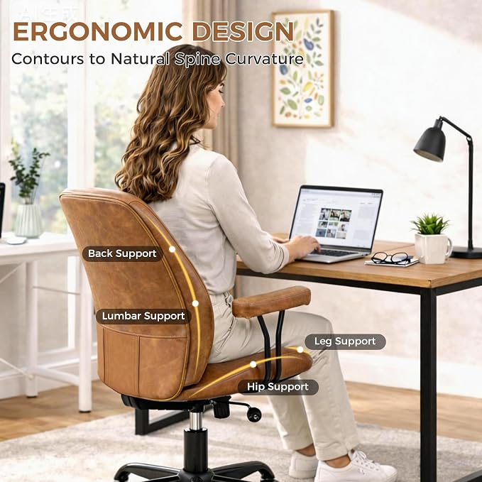 Brown Leather Office Chair with Quiet Rubber Wheels | Lumbar Support & Removable Arms, High-Density Foam Seat for All-Day Comfort, 360 Degree Swivel Home Desk Chair UXBBY002Z