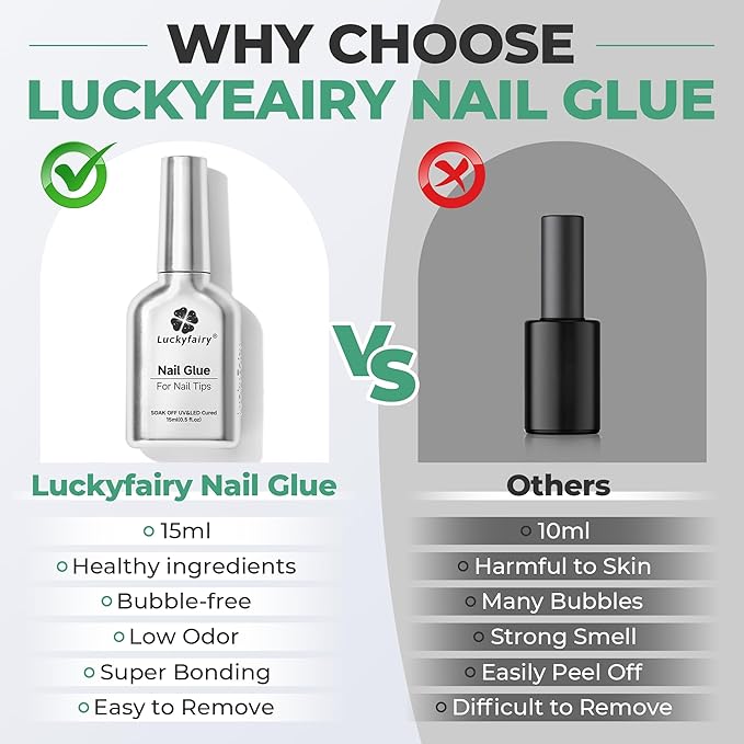 Luckyfairy Nail Glue Gel for Nail Tips 15ml*2Pcs | 6 in 1 Nail Glue, For Clear Acrylic False Nails Tips, Long Lasting, Clear Formula, Salon Quality Home DIY Nail Art