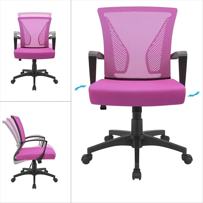 Furmax Office Chair Ergonomic Computer Desk Mesh Chair Mid Back Swivel Lumbar Support with Armrest (2, Pink)