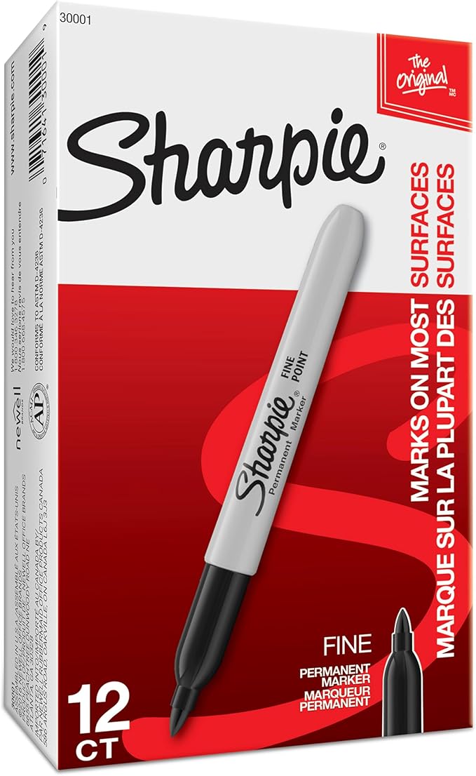 Sharpie Permanent Markers, Fine Tip, Black, 12 Count - Office Supplies, Quick Drying, Fade Resistant, For Wood, Plastic, Paper, Metal, And More
