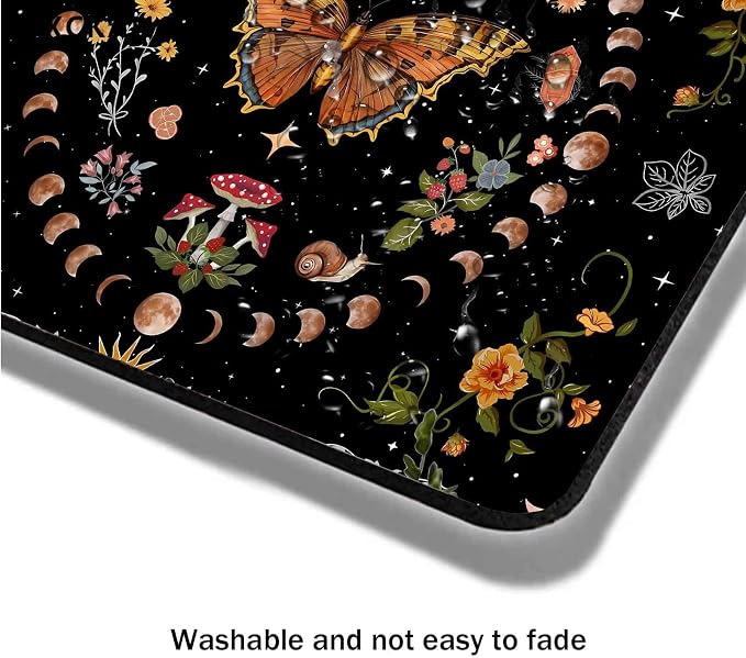 Moth Mouse Pad, Mushroom Moon Phase Mousepad, Boho Flowers and Leaves Computer Small Cute Mouse Pad, Washable Cloth Non-Slip Rubber Base Mouse Mat for Office, Orange and Black