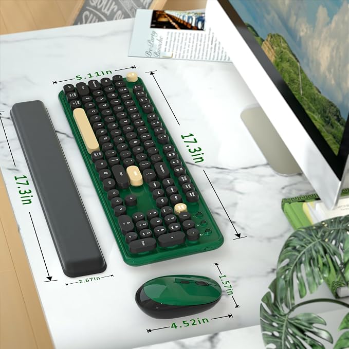 Retro Wireless Keyboard and Mouse Combo with Wrist Rest (Dark Green) | COVEVA Aesthetic Typewriter Style, Full-Size Clicky Tactile Floating Round Keys, 2.4GHz Ergonomic Set for Mac, Windows