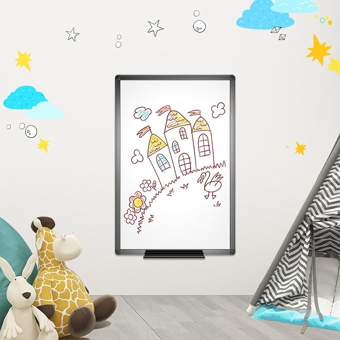 VIZ-PRO Magnetic Dry Erase White Board, 36 X 24 Inches, Black Aluminium Frame | Wall Mounted Whiteboard with Marker Tray, 3' x 2', for School Office and Home