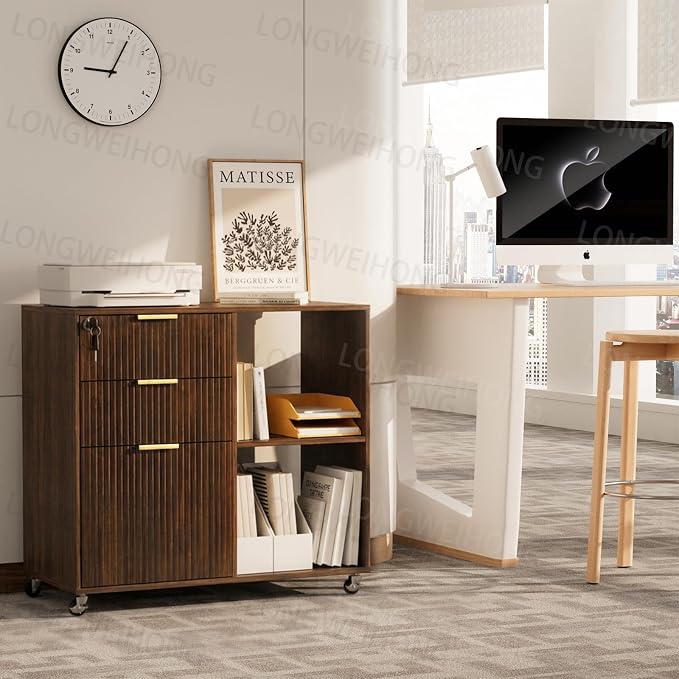 3 Drawer Fluted Mobile Filing Cabinet with Lock, Lateral Rolling Under Desk File Cabinet, Wooden Printer Stand Table for Home Office Essentials Storage Organization Furniture Letters/A4(Walnut)