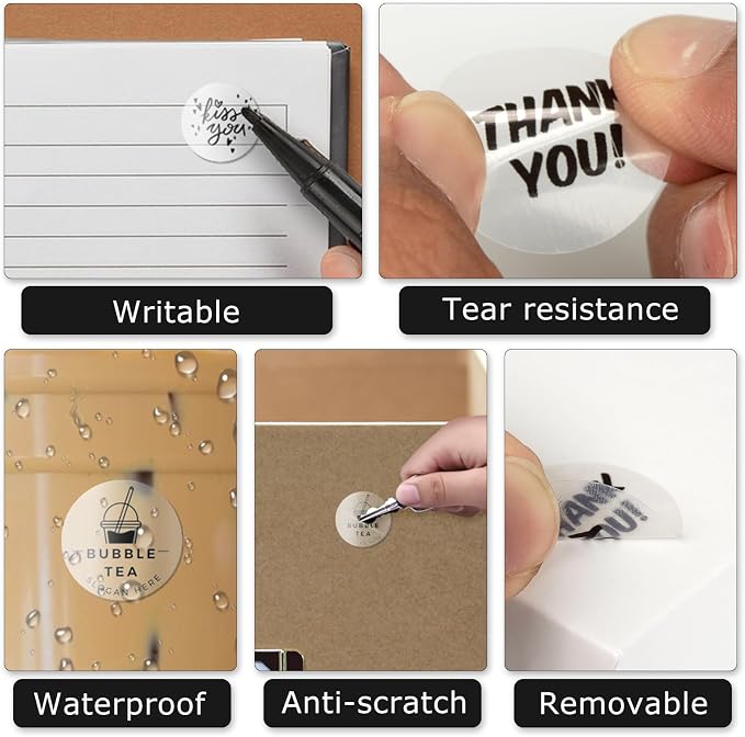 Transparent Round Thermal Labels 1 Inch Waterproof Stickers 500 PCS | Strong Adhesive, Oil-proof, Tear resistance, Perforation, Printable vinyl clear decal for small business home office barcode
