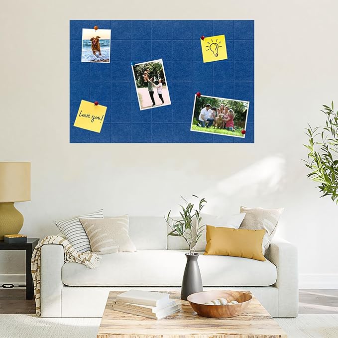 Large Square Felt Cork Board Tiles, Self Adhesive DIY Felt Bulletin Board Pin Board with 35 Pushpins for Office School Home Wall Decor Stickers Memos Photos Display (Blue)