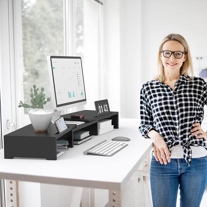 WALI Dual Monitor Stand Riser, 3 Shelf Laptop and Computer Monitor Stand with Phone Holder, Length and Angle Adjustable Desk Organizer (PTT007T-B), Black | 3 Shelf Laptop and Computer Monitor Stand, Length and Angle Adjustable Desk Organizer (PTT007T-B...