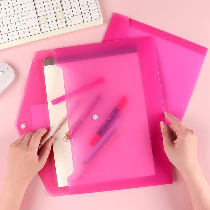 6 Pack Clear Document Folders Plastic Envelopes, A4 Size, Pink | Poly Envelopes File Envelopes with Label Pocket and Snap Button, for Home Work Office Organization