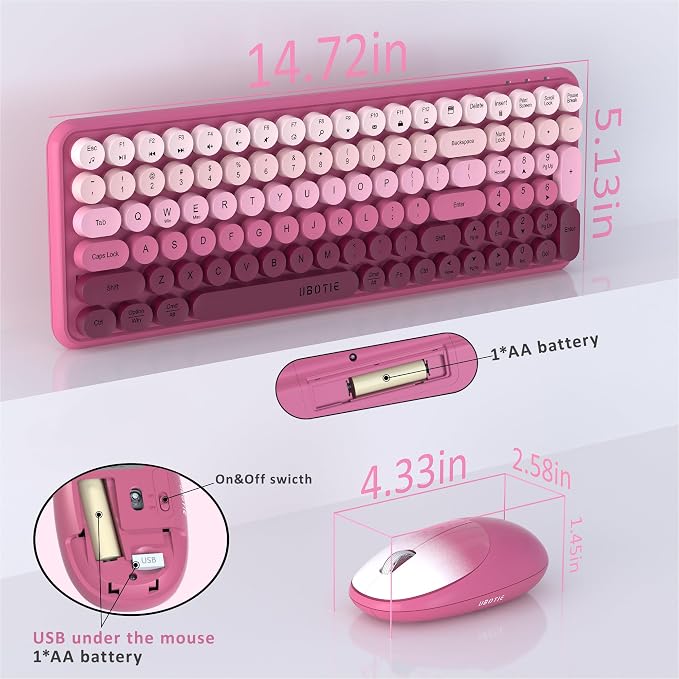 UBOTIE Wireless Keyboards and Mouse Combo (Rosy Gradient) | Colorful Gradient Rainbow Color Retro Typewriter Flexible Keyboard, 2.4GHz Connection and Optical Mouse for PC Wins Mac