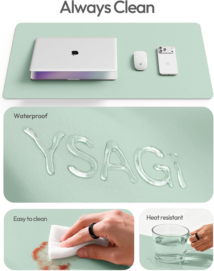 YSAGi Leather Desk Protector, Office Mat, Large Mouse Mat, Non-Slip PU Leather Blotter, Laptop Pad, Waterproof Writing Pad for Office and Home (Pale Green, 23.6" x 13.8")