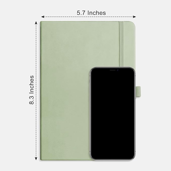 RETTACY Dotted Journal Notebook, 192 Pages, A5 Medium Size (5.7'' x 8.3''), Leather Hardcover, 100 GSM Thick Paper, for Journaling, Planning, Tracking (Light Green)