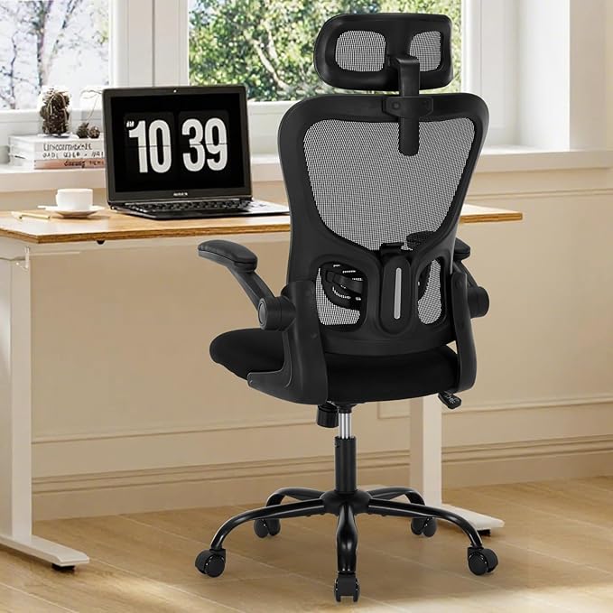 Office Chair Ergonomic Desk High Back Mesh Chair with Adjustable Lumbar Support & Headrest, Flip-Up Armrests, 300lbs Capacity Swivel Computer Chair for Home Office, Black