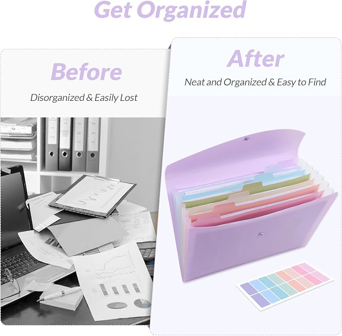 SKYDUE Cute Accordion File Organizer, Expanding File Folder with 8 Pockets, Document Organizer with Colorful Tabs for School, Office, Hospital Tax, Receipts Storage Letter/A4 Size Purple