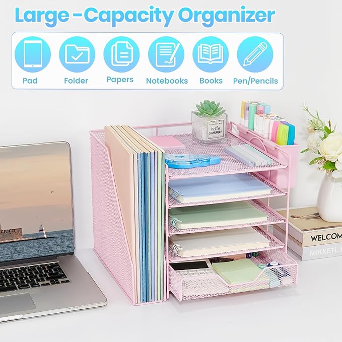 5-Tier Desk File Organizer with Drawer & Pen Holder (Pink) | Desk Organizers and Accessories, Office Desk Accessories & Workspace Desktop Organizers for Classroom, Home, Office Supplies