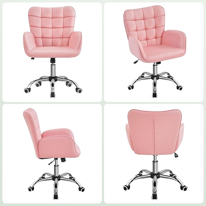 Yaheetech Modern Faux Leather Office Chair Ergonomic Adjustable Vanity Makeup Chair with Padded Armrests Big Seat for Office, Study, Home, Pink