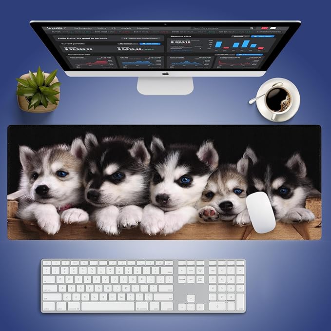 Cute Siberian Husky Puppies in Wooden Crate Large Mouse Pad, Pets Desk Mat | 31.5" x 11.8", XXL Gaming/Office Durable Stitched Keyboard Mat, Smooth Surface Anti-Slip Base
