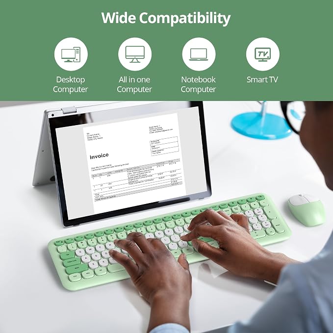 surmen Green Keyboard and Mouse Wireless, Cute Wireless Typewriter Keyboard, Full Size Slim Silent Round Keys Aesthetic for Home and Office(Colorful Green)