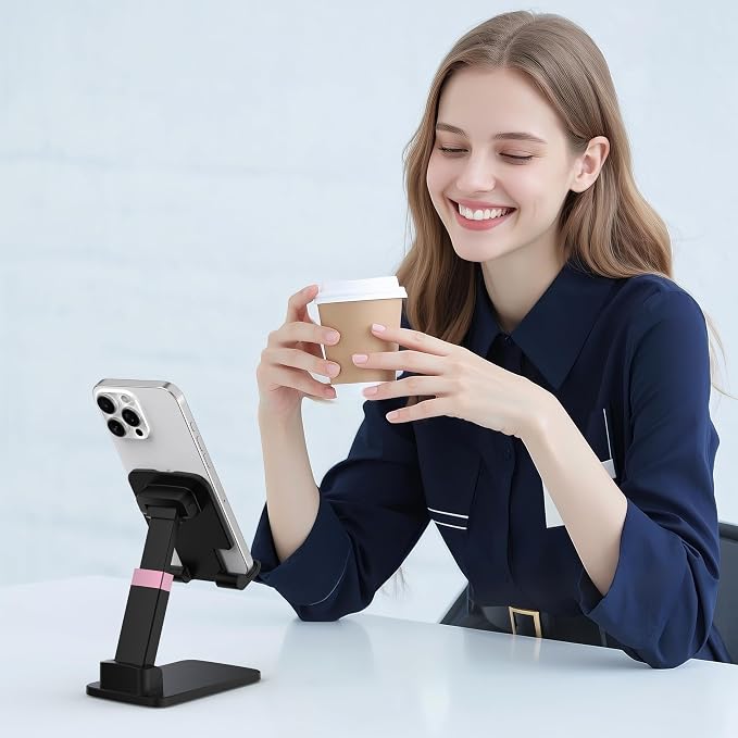 Cell Phone Stand for Desk, Adjustable Height & Angle Phone Holder, Foldable Portable Stand with Anti-Slip Silicone Pad, Compatible with iPhone and All Smartphones 4–8 Inch, Black