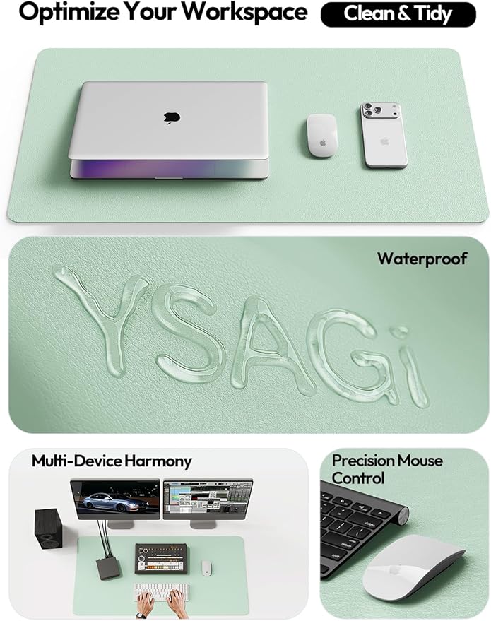 YSAGi Leather Desk Protector, Office Mat, Large Mouse Mat, Non-Slip PU Leather Blotter, Laptop Desk Pad, Waterproof Writing Pad for Office and Home (Pale Green, 35.4" x 17")
