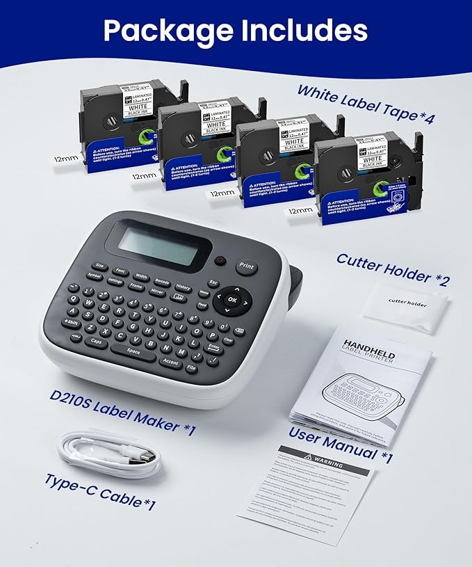 Label Maker Machine with 4 Tapes, 12mm Laminated Waterproof Labels | Large Fonts & Multi Icon Border, VolenGo D210s Desktop Label Printer, School Office Supplies for Teacher, File/Daycare Labels